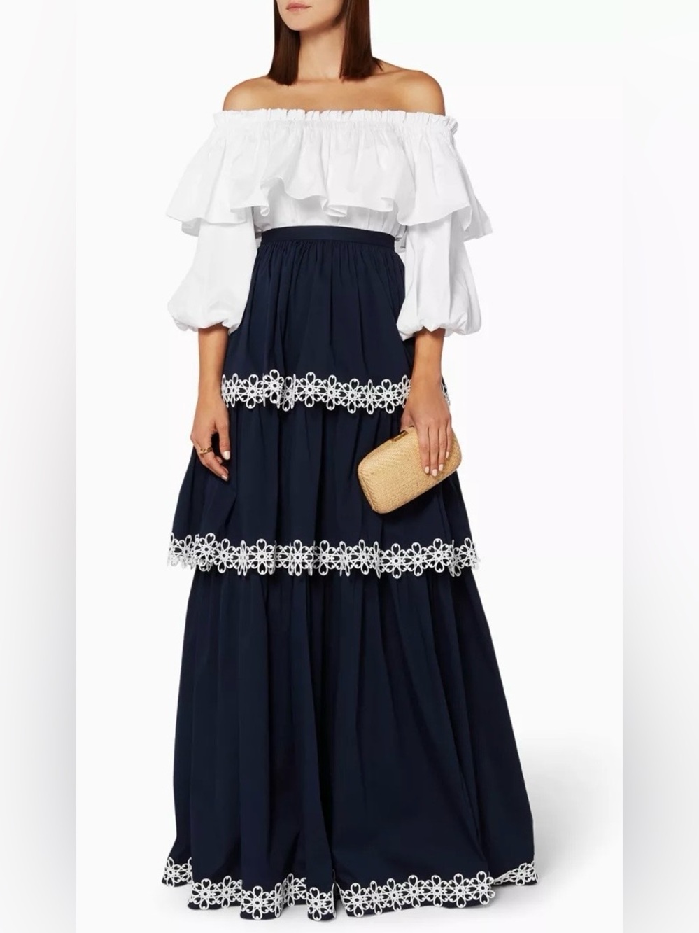 MSRP $ 895 Alexis Embroidered Cotton Lace-Trim Tiered Maxi Skirt Embroidered, S